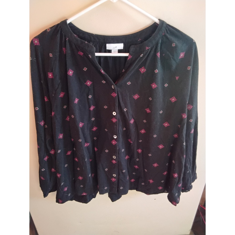 J. Jill Womens XL Black Pink Diamond Print Button Down Long Sleeve Blouse Top‎
